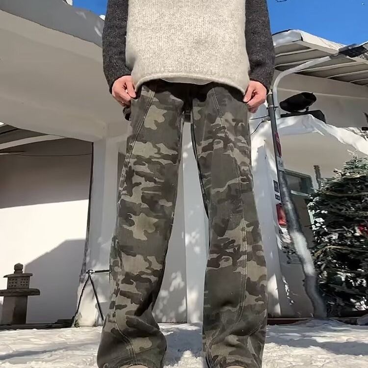 Men's Camo Cargo Pants – Vintage Workwear Straight Leg Jeans With Fleece Lining For Streetwear & Outdoor_mkmklike.com