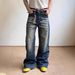 Retro Light Blue Men's Jeans High Street Hip Hop Stacked Design Straight Leg Loose Fit_mkmklike.com