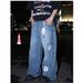Retro Letter-Print Patch Pocket Jeans – High-Waisted Wide-Leg Streetwear Denim Pants For Men & Women_mkmklike.com