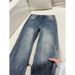 Trendy American Retro Washed Denim Jeans Men's Straight Leg Slim Fit Cracked Lightning Pattern Curved Trousers_mkmklike.com