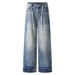 Men's Clothing American Retro Washed Distressed Lightning Jeans For Men And Women Loose Straight Wide Leg Floor Length Trousers_mkmklike.com