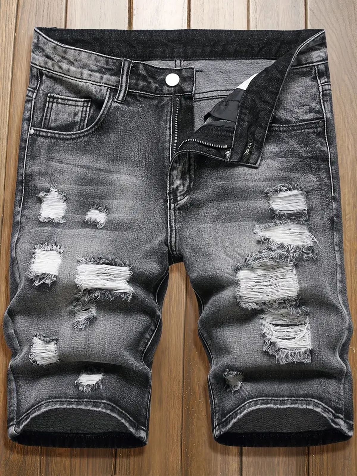 Men's Denim Shorts With Torn Holes, Fashionable And Versatile, Black Mid Length Pants With Multiple Craftsmanship, Worn And Worn Men's Pants_mkmklike.com