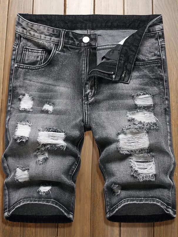 Men's Denim Shorts With Torn Holes, Fashionable And Versatile, Black Mid Length Pants With Multiple Craftsmanship, Worn And Worn Men's Pants_mkmklike.com