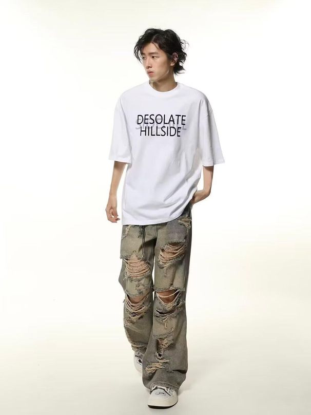 Men's Draped Retro Casual Jeans High Street Style Slimming Wide Leg Pants Midweight Polyester Spring Autumn Versatile_mkmklike.com