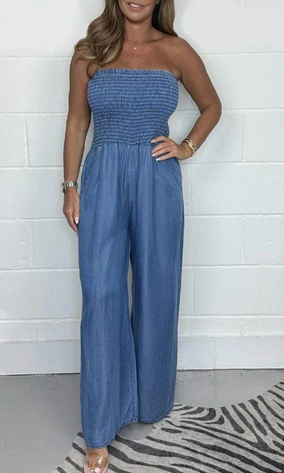 Women's Clothing fashion washed denim sexy tube top wide leg jumpsuit _mkmklike.com