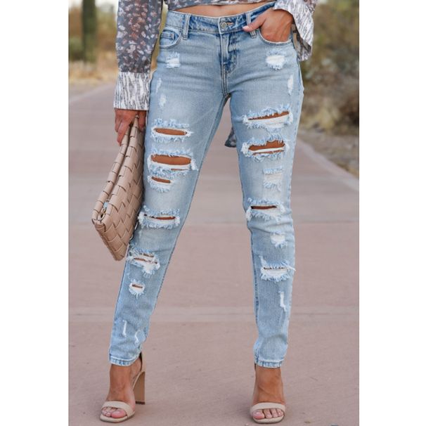 Women's Distressed Skinny Jeans – Mid-Rise Cotton Stretch Denim With Ripped Details (S-2XL, Light Wash)_mkmklike.com