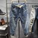 Men's Distressed Denim Jeans Japanese Streetwear Slim Tapered Fit Cargo Pockets Blue Urban Workwear Casual Skate Style 28-38_mkmklike.com