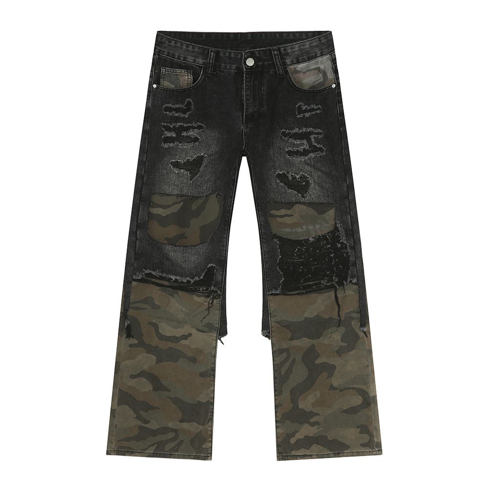 Men's Clothing New Winter Products Niche Camouflage Ripped Holes Stitching Ripped Holes Fashionable Contrast Color Jeans Trend_mkmklike.com