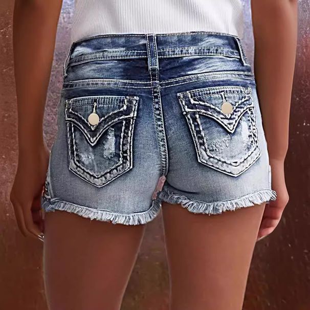 Women's Clothing Fashion Ins Elastic Patch Denim Embroidered Ripped Denim Shorts_mkmklike.com