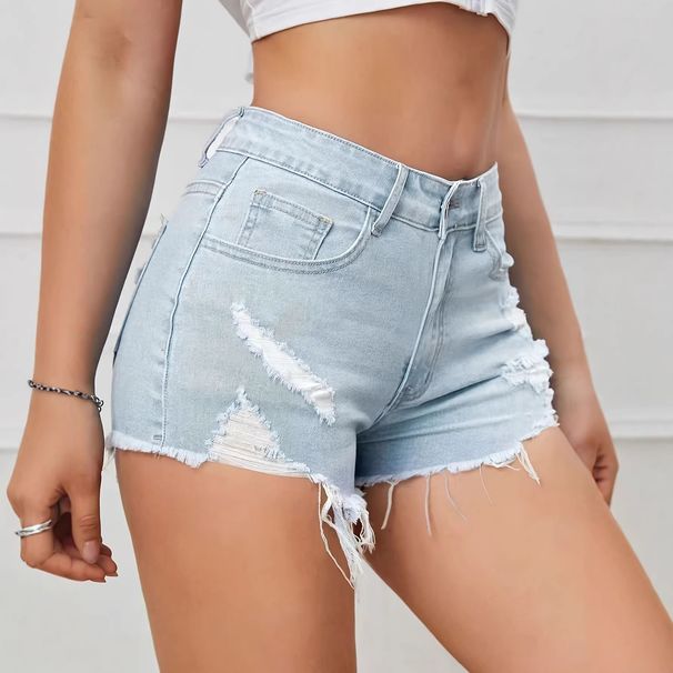 Light Blue Women's Ripped And Frayed Low Rise Denim Shorts Slimming Hot Pants Versatile Sexy Cross Border Exclusive Bottoms_mkmklike.com