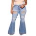 Light Blue Plus Size Stretch Ripped Jeans Wide Leg Flare Denim For Women Regular Thickness Solid Color England Style Fashion_mkmklike.com