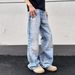 Retro High-Waist Straight Jeans – 3D Chain Print Distressed Washed Denim (Unisex, S-3XL, Light Blue, No Stretch)_mkmklike.com
