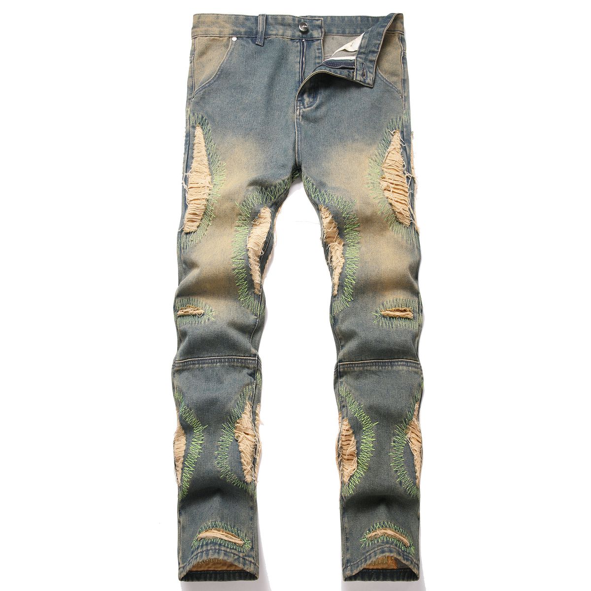 Men's Slim Straight Leg Jeans Trendy Retro Ripped Patchwork Embroidered Color Block Stylish American Denim_mkmklike.com