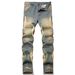 Men's Slim Straight Leg Jeans Trendy Retro Ripped Patchwork Embroidered Color Block Stylish American Denim_mkmklike.com