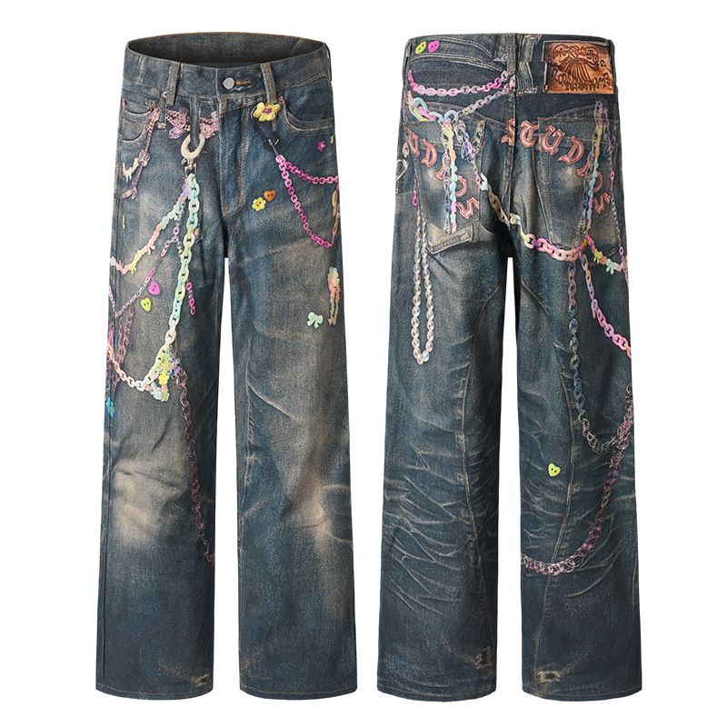 Men's Vintage Denim Pants With 3D Candy Chain Print - Streetwear High Waist Straight Leg Jeans For Casual Fashion_mkmklike.com