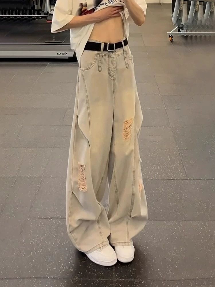 American Retro Ripped Jeans For Men, Spring High-waisted, Leg-lengthening Pants, Angled Cut, Casual Straight-leg, Curved_mkmklike.com