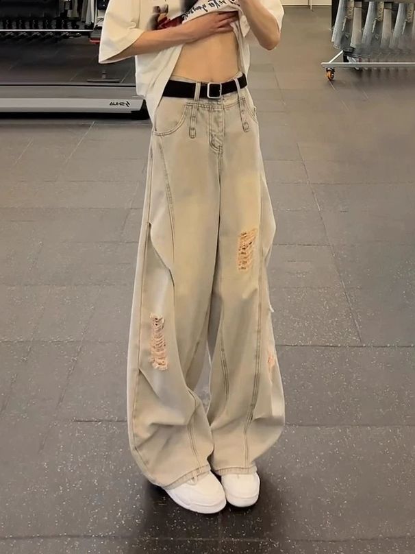 American Retro Ripped Jeans For Men, Spring High-waisted, Leg-lengthening Pants, Angled Cut, Casual Straight-leg, Curved_mkmklike.com