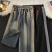 Men's Clothing Washed Distressed Vintage Blue Jeans High Street Striped Loose Straight Wide Leg Pants_mkmklike.com