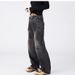 American Style Vintage Ripped Ink Splashed Jeans For Men, Straight Slightly Flared Double Waistband Design, Wide Leg_mkmklike.com
