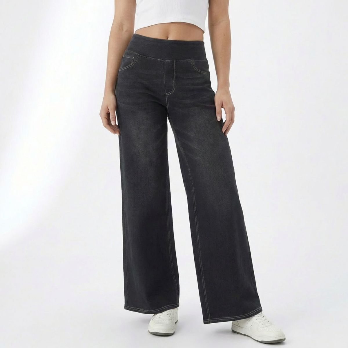 High-waisted Stretchy Washed Knit Jeans, Wide-leg Loose Straight Pants, Versatile Casual Women's Trousers, 2026 Autumn_mkmklike.com