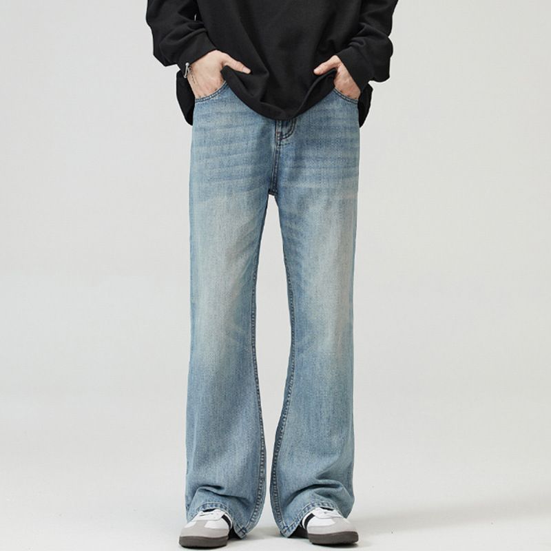 Vintage Ice Blue Denim Jeans for Men Slight Flare Stretch Comfort Fit Trendy Vibe Style_mkmklike.com