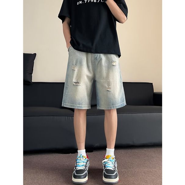 Men's Loose Fitting Plus Size Light Washed Denim Shorts Summer Thin Ripped Distressed Mid-Length Casual Beachwear_mkmklike.com