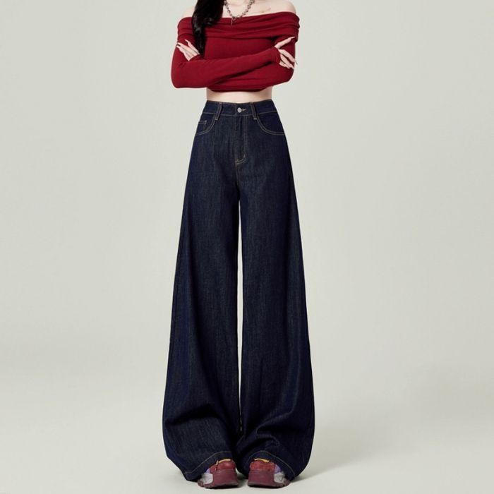 American-style Dark Blue Wide-leg Jeans Women, And Autumn 2026 New Model, High-waisted, Loose, Drapey, Floor-length_mkmklike.com