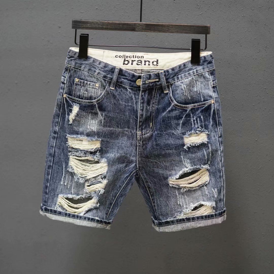 Men's Clothing Ripped Denim Shorts Men's Trendy Straight Loose Seven Point Pants Summer Five Point Pants Trendy Korean Style All Match_mkmklike.com