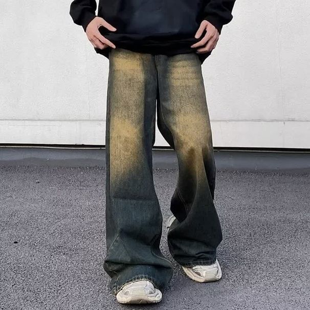 Autumn American Retro Distressed Wide Leg Jeans For Men, Loose Casual Straight Leg Trousers Trendy_mkmklike.com