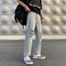 Men's Vintage Distressed Denim Jeans - Relaxed Straight Leg Wide Fit With Raw Hem & Ripped Details, Casual Streetwear For Summer_mkmklike.com