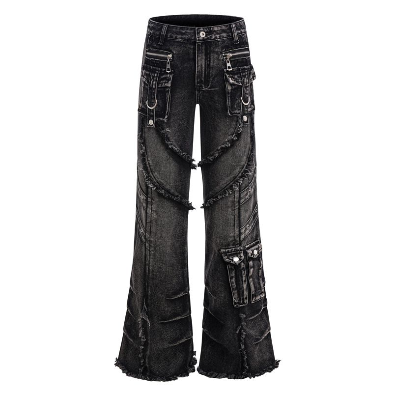 Deconstructed High-Street Jeans – Vintage Washed Black With Twisted Folds & Gradient Flare For Avant-Garde Fashion_mkmklike.com