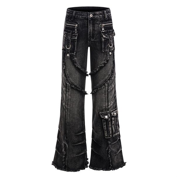 Deconstructed High-Street Jeans – Vintage Washed Black With Twisted Folds & Gradient Flare For Avant-Garde Fashion_mkmklike.com