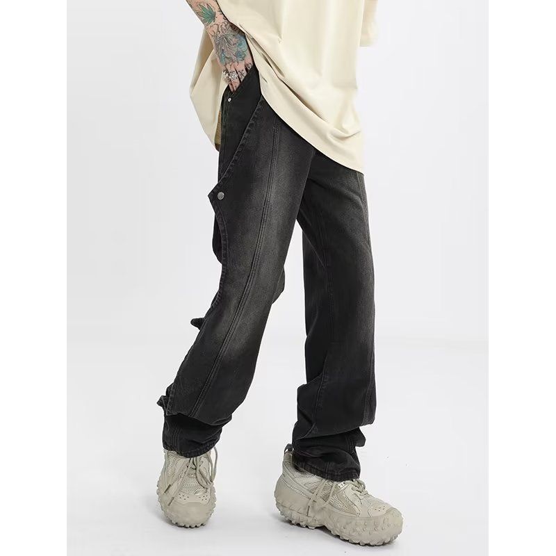 Men's Clothing Retro Vintage Blue Jeans For Men - American High Street Vibe, Deconstructed Button Design, Straight & Slightly Flared Trousers_mkmklike.com