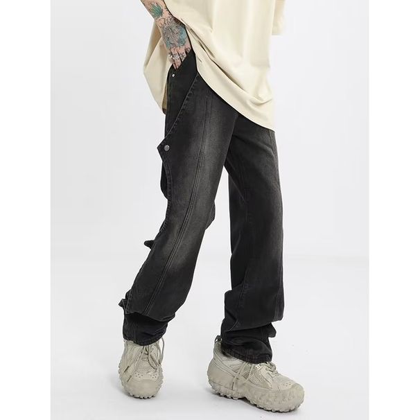 Men's Clothing Retro Vintage Blue Jeans For Men - American High Street Vibe, Deconstructed Button Design, Straight & Slightly Flared Trousers_mkmklike.com