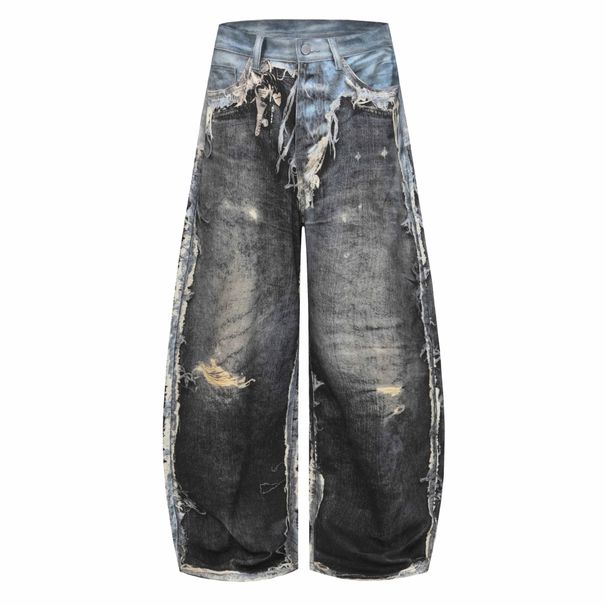 Heavy Duty Men's Washed Distressed 3D Printed Faux Leather Jeans Retro American Style Two Piece Set Factory Direct Shipping_mkmklike.com