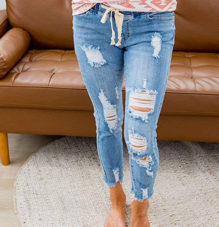 Women's Clothing High Waist Ripped Elastic Waist Jeans_mkmklike.com