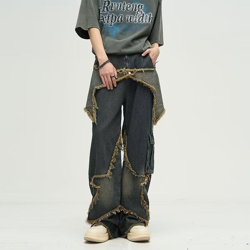 Men's Clothing Five Pointed Star Design Jeans For Men, American Retro Big Pockets, Raw Edges, Distressed Washed High Street Workwear Wide Leg Trousers_mkmklike.com