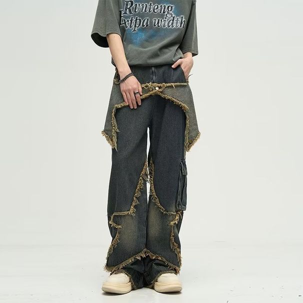 Men's Clothing Five Pointed Star Design Jeans For Men, American Retro Big Pockets, Raw Edges, Distressed Washed High Street Workwear Wide Leg Trousers_mkmklike.com