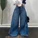 Y2K Retro Wide-Leg Jeans For Women – Distressed Blue Washed Flared Denim Pants With Fringe Hem_mkmklike.com