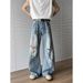 Unisex Vintage High Street Distressed Denim Pants Relaxed Fit Slight Flare Clean Aesthetic Artisan Washed Blue Jeans Men's Clothing_mkmklike.com