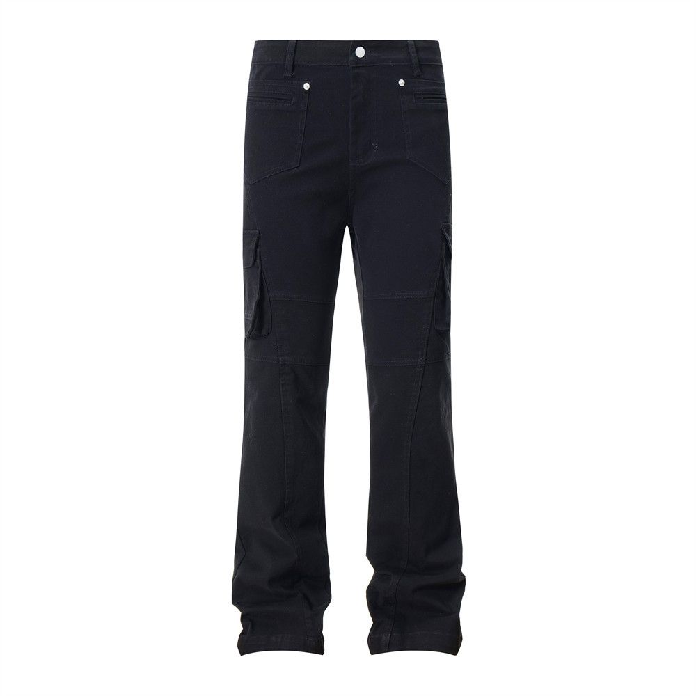 Vibe Trendy Flared Jeans American Street Style Men's Multi-Pocket Design Deconstructed Solid Color Casual Pants_mkmklike.com