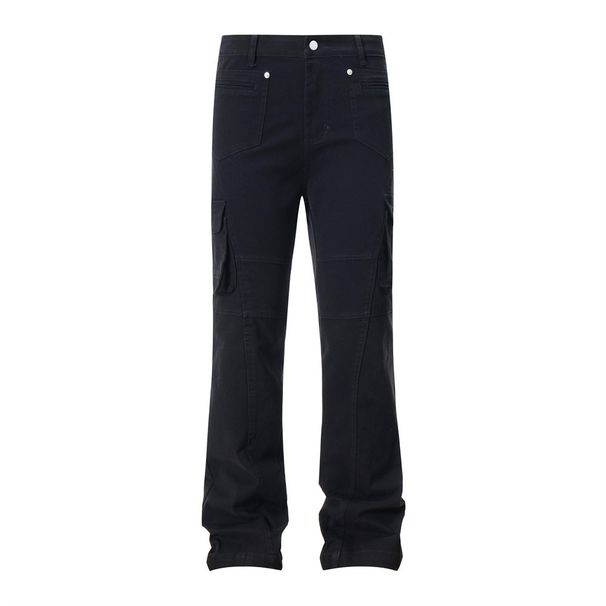 Vibe Trendy Flared Jeans American Street Style Men's Multi-Pocket Design Deconstructed Solid Color Casual Pants_mkmklike.com