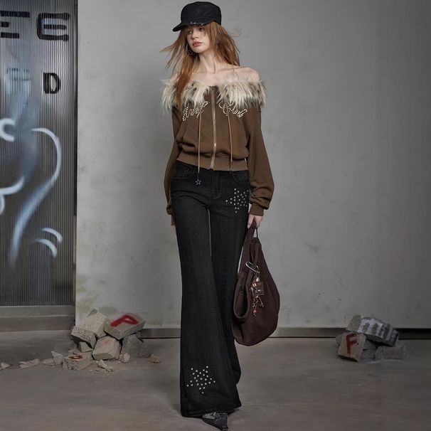 High-Waisted Women's Street Style Jeans with Studs Clean Fit Slightly Flared Unique Versatile Denim_mkmklike.com