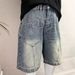 Men's Relaxed Fit Denim Shorts Front Back Splicing Design American Retro Style Loose Straight Leg Washed Distressed Five Point Length_mkmklike.com