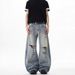 Hole Washed Old Scimitar Design Sense Jeans Men's Summer New American High Street Loose Long Pants Tide_mkmklike.com