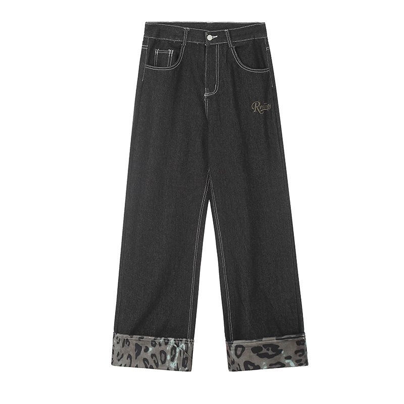 Men's Clothing Retro Leopard Print Patchwork Jeans For Men And Women Straight Loose Casual Drape Wide Leg Trendy Couple Mopping Pants_mkmklike.com