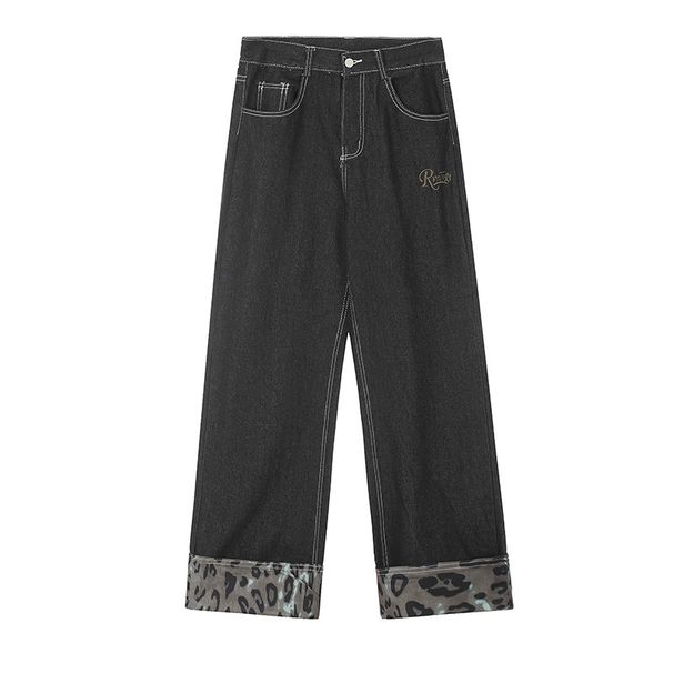 Men's Clothing Retro Leopard Print Patchwork Jeans For Men And Women Straight Loose Casual Drape Wide Leg Trendy Couple Mopping Pants_mkmklike.com