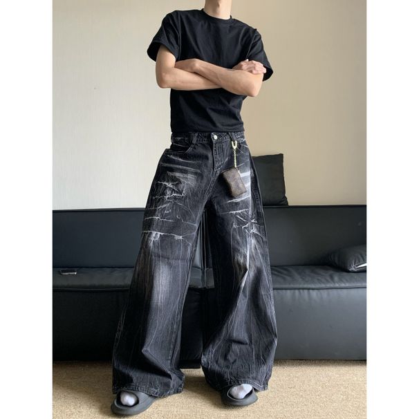 Men's American Retro Washed Distressed Jeans Loose Wide Leg Trousers Niche Style Lightning Pattern_mkmklike.com
