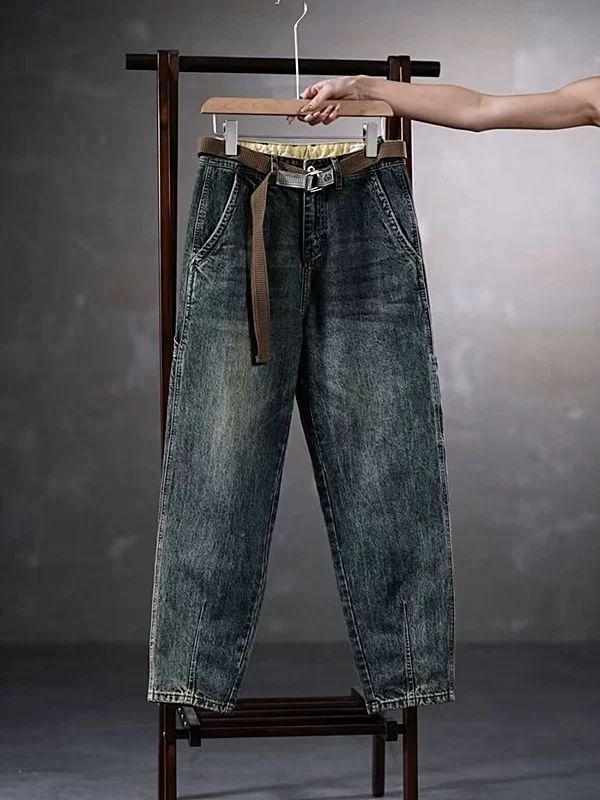 Men's Japanese Retro Style Loose Fit Casual Pants mid Waist Straight Leg Stretch Business Workwear Durable Washed Blue Jeans_mkmklike.com