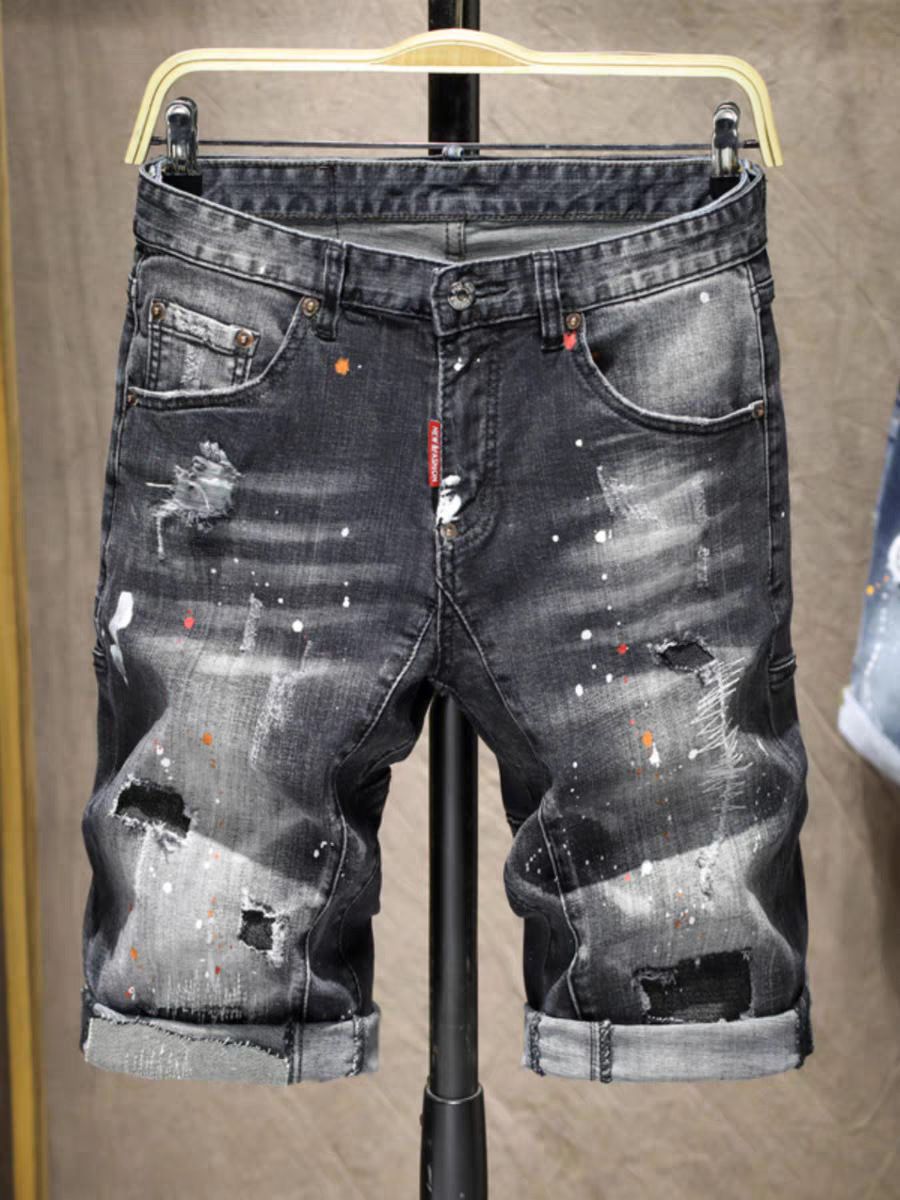 Men's High Street Trendy Men's Street Hip-hop Style Slim Cut Hand-painted Paint Dot Denim Shorts For Men_mkmklike.com
